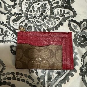 Coach Brown Signature Canvas Card Case with Red Trim